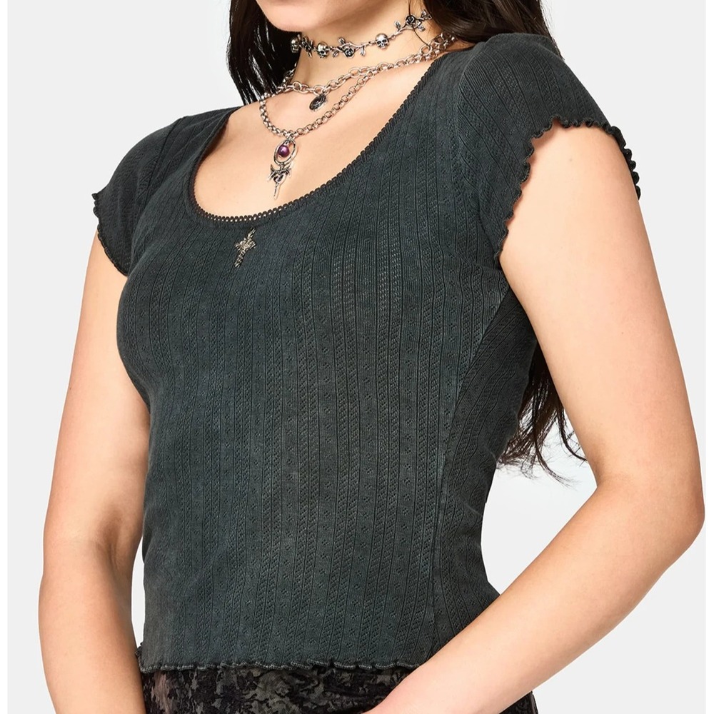 NWT Disturbia Lucera Short Sleeve Women's Pointelle Scoop Top 10 Grunge Gothic